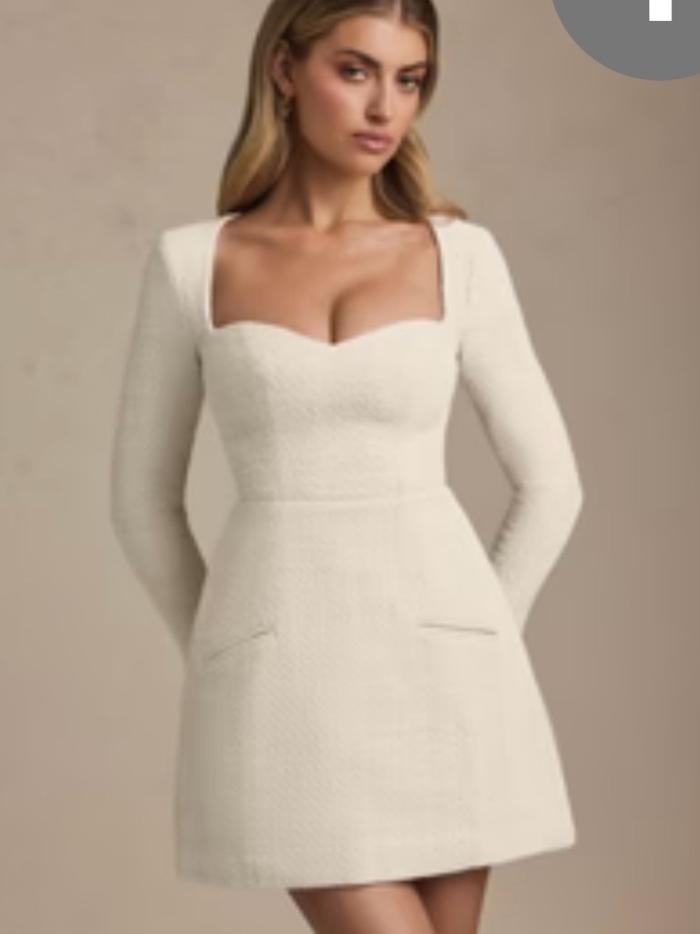 Long-Sleeve Square Neck Mini Dress in Ivory